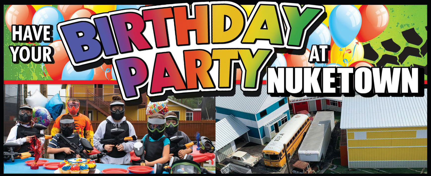 Image showing a jeep and bus in between 2 houses that serve as the paintball arena made out to look like the Call of Duty Map Nuke Town.